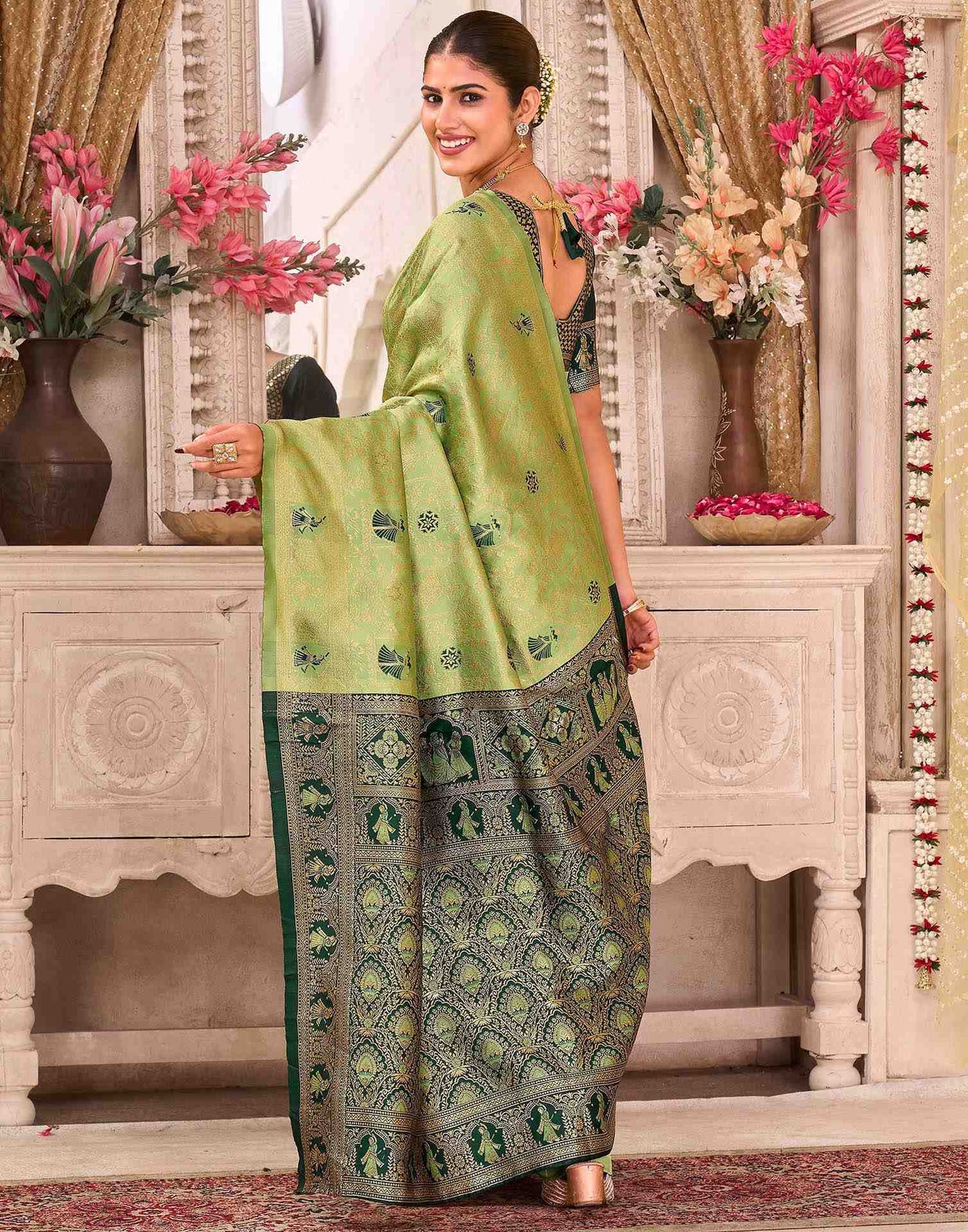 Pista Green Silk Woven Baluchari Saree