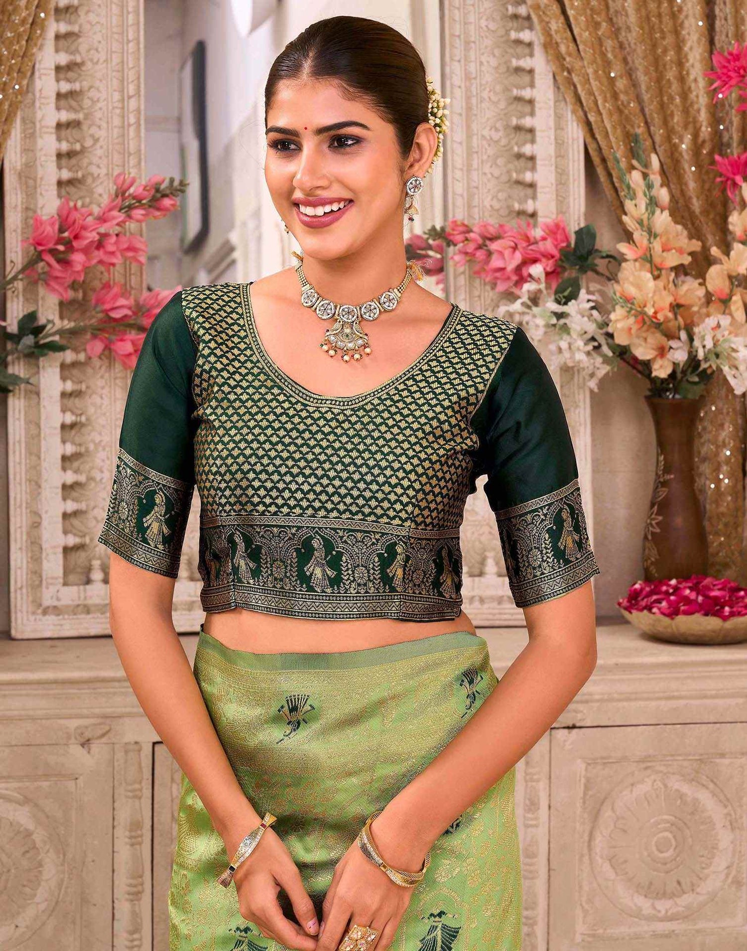 Pista Green Silk Woven Baluchari Saree