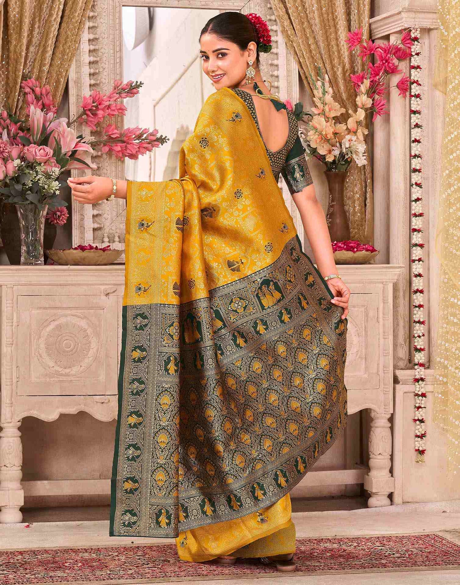 Yellow Silk Woven Baluchari Saree