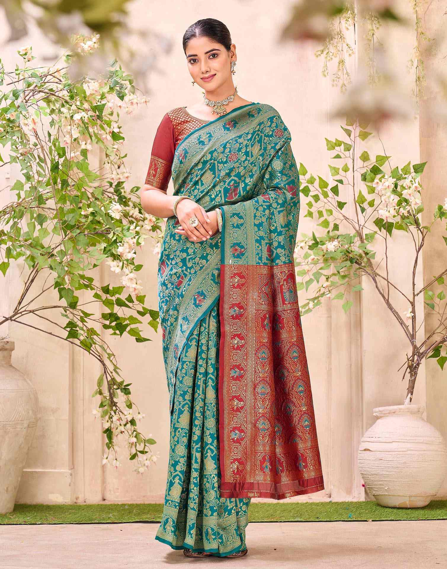 Teal Blue Silk Woven Baluchari Saree