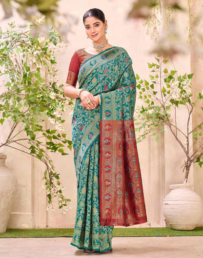 Teal Blue Silk Woven Baluchari Saree