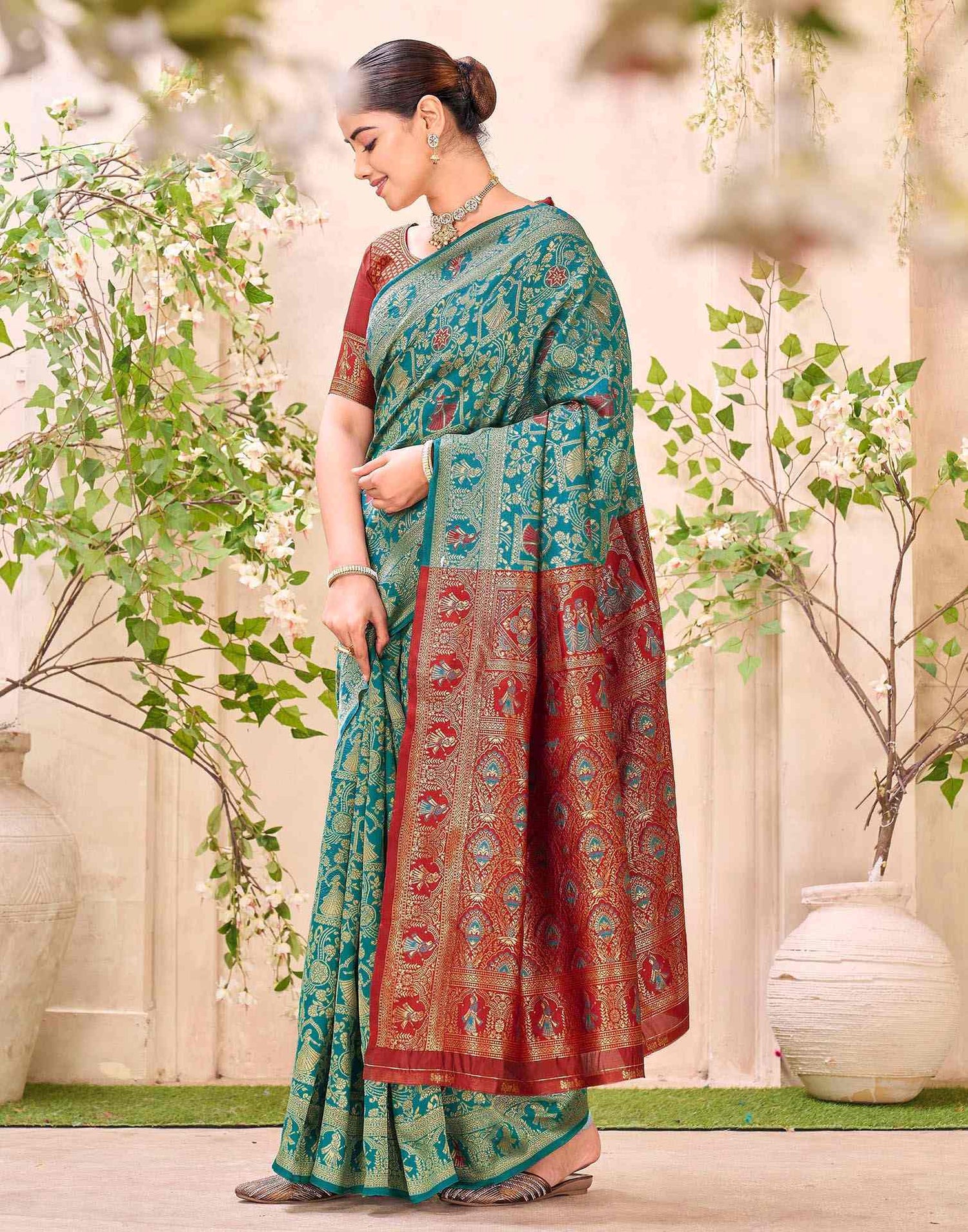Teal Blue Silk Woven Baluchari Saree