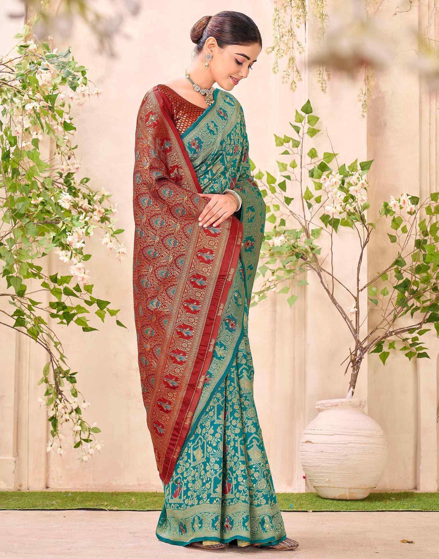 Teal Blue Silk Woven Baluchari Saree