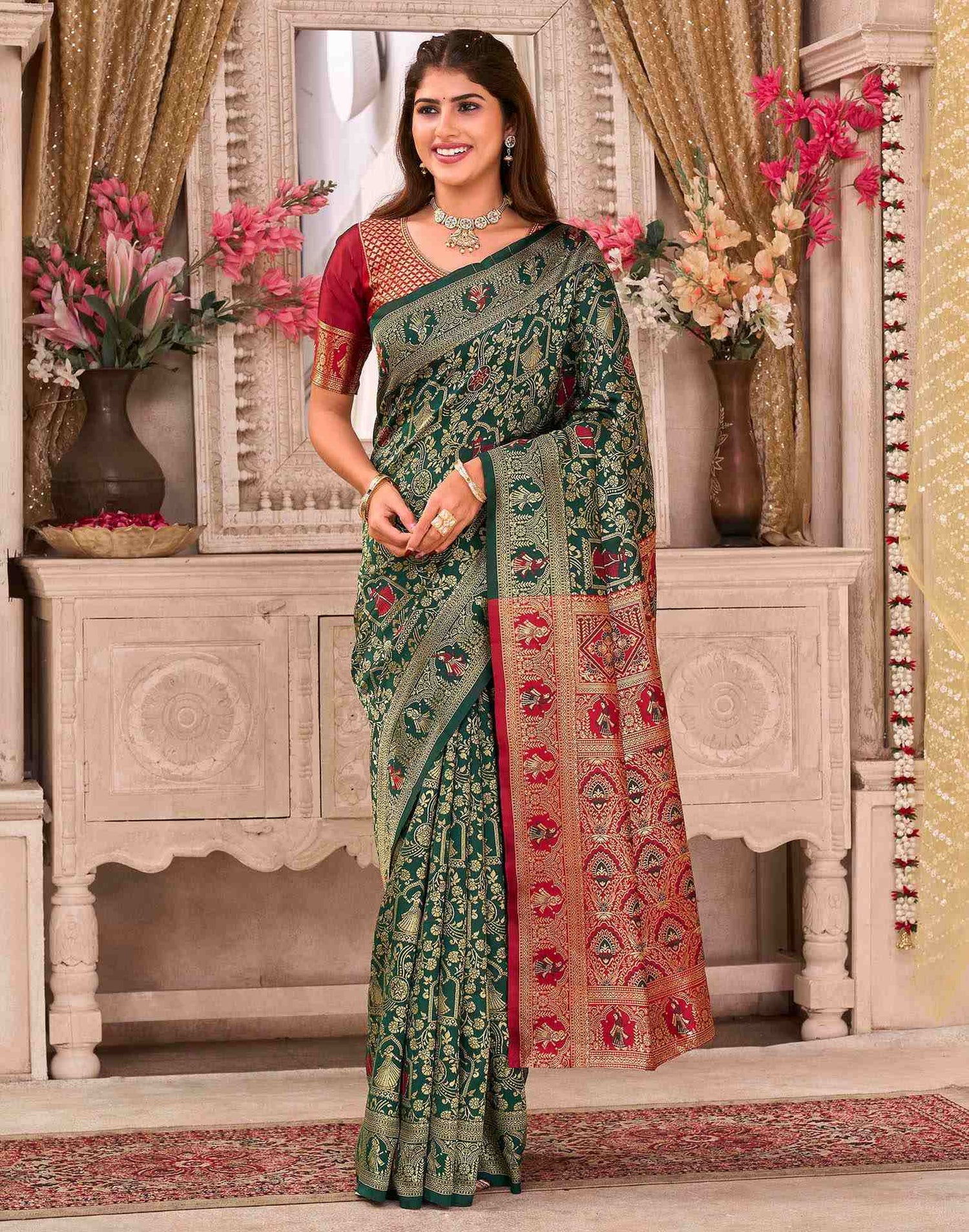 Dark Green Silk Woven Baluchari Saree