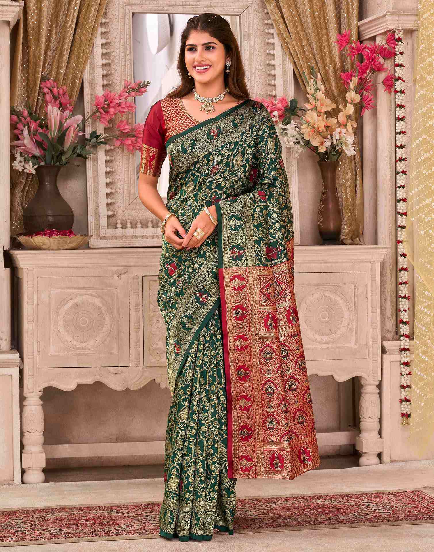 Dark Green Silk Woven Baluchari Saree