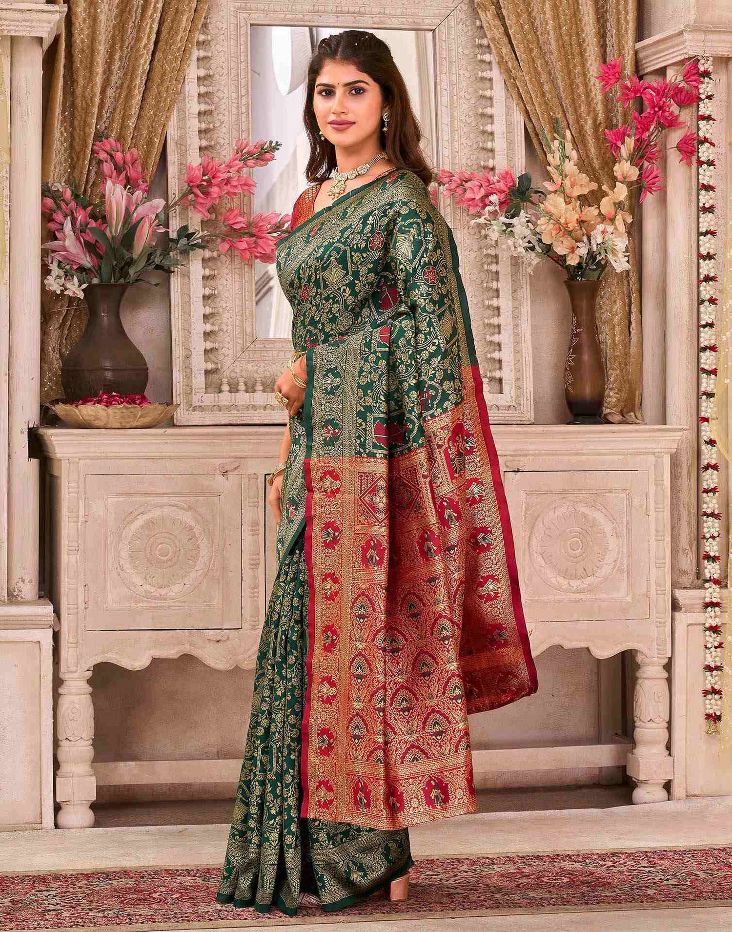 Dark Green Silk Woven Baluchari Saree