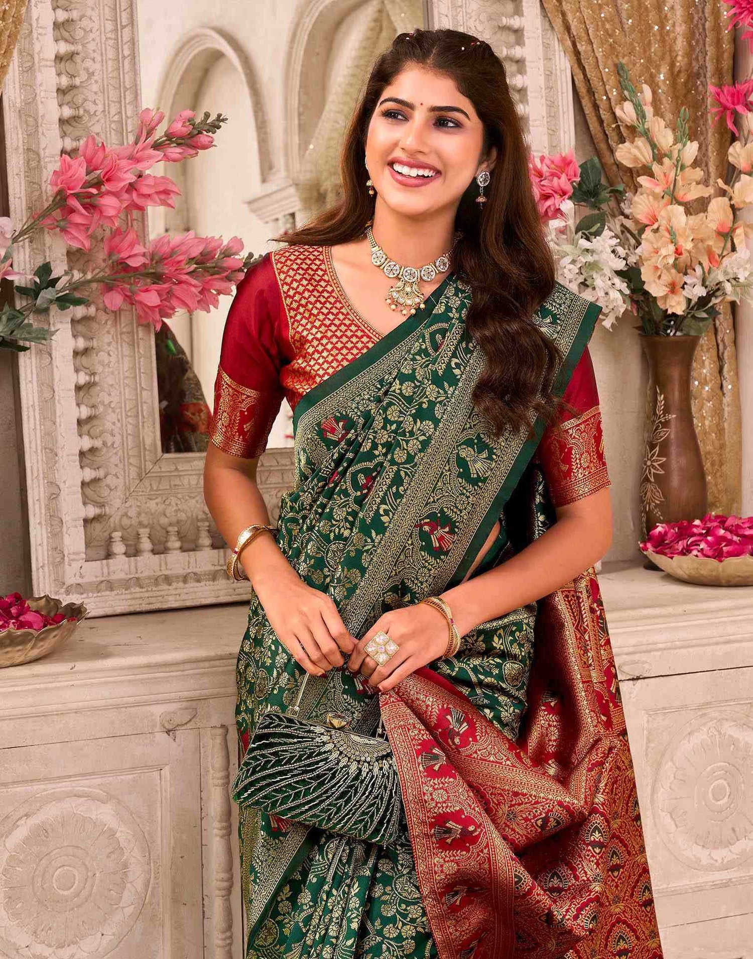 Dark Green Silk Woven Baluchari Saree