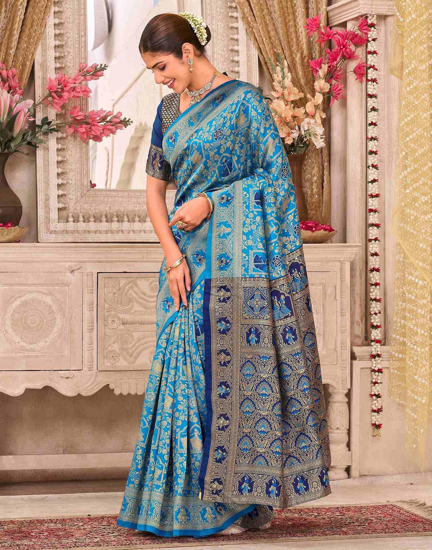 Teal Blue Silk Woven Baluchari Saree
