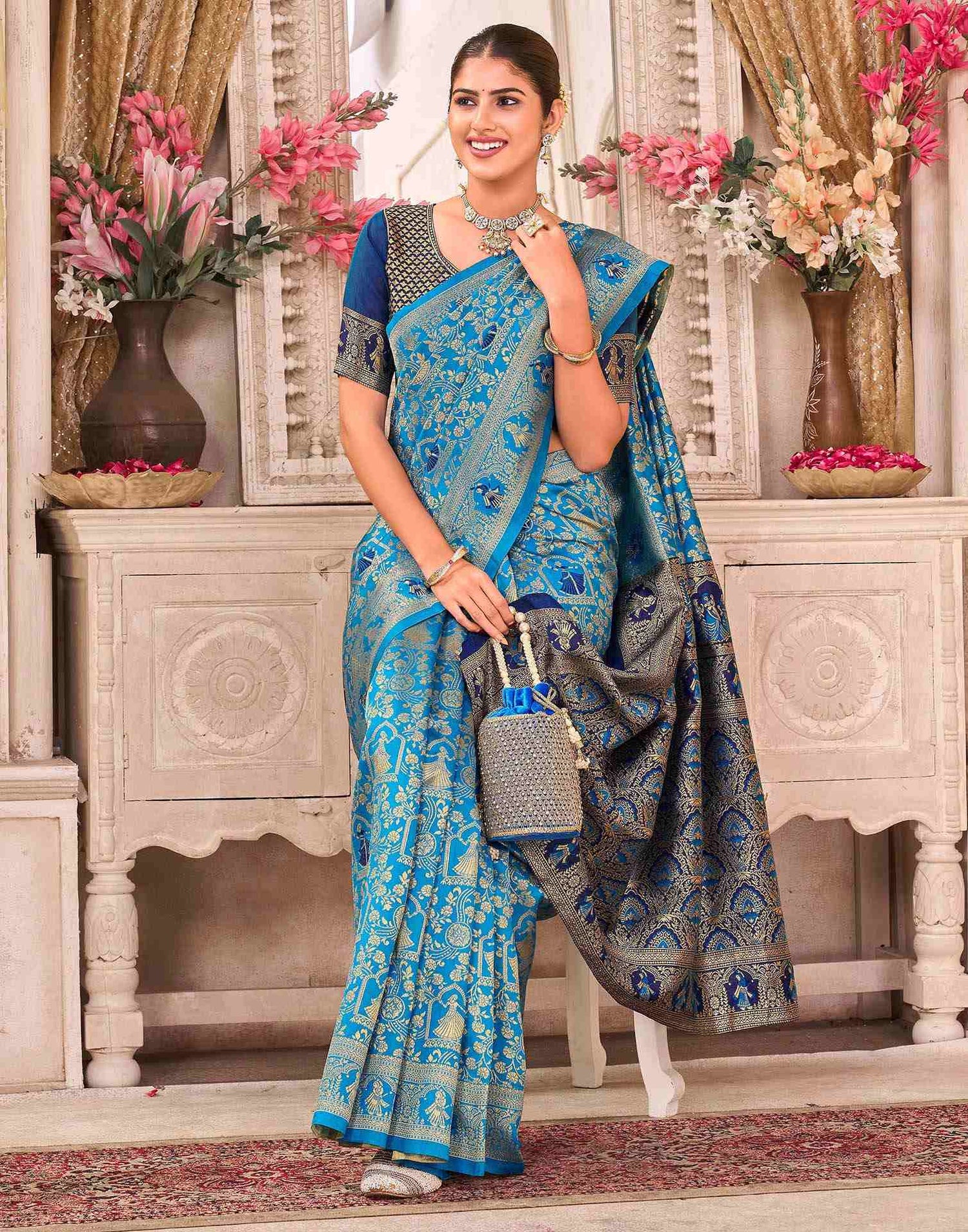 Teal Blue Silk Woven Baluchari Saree