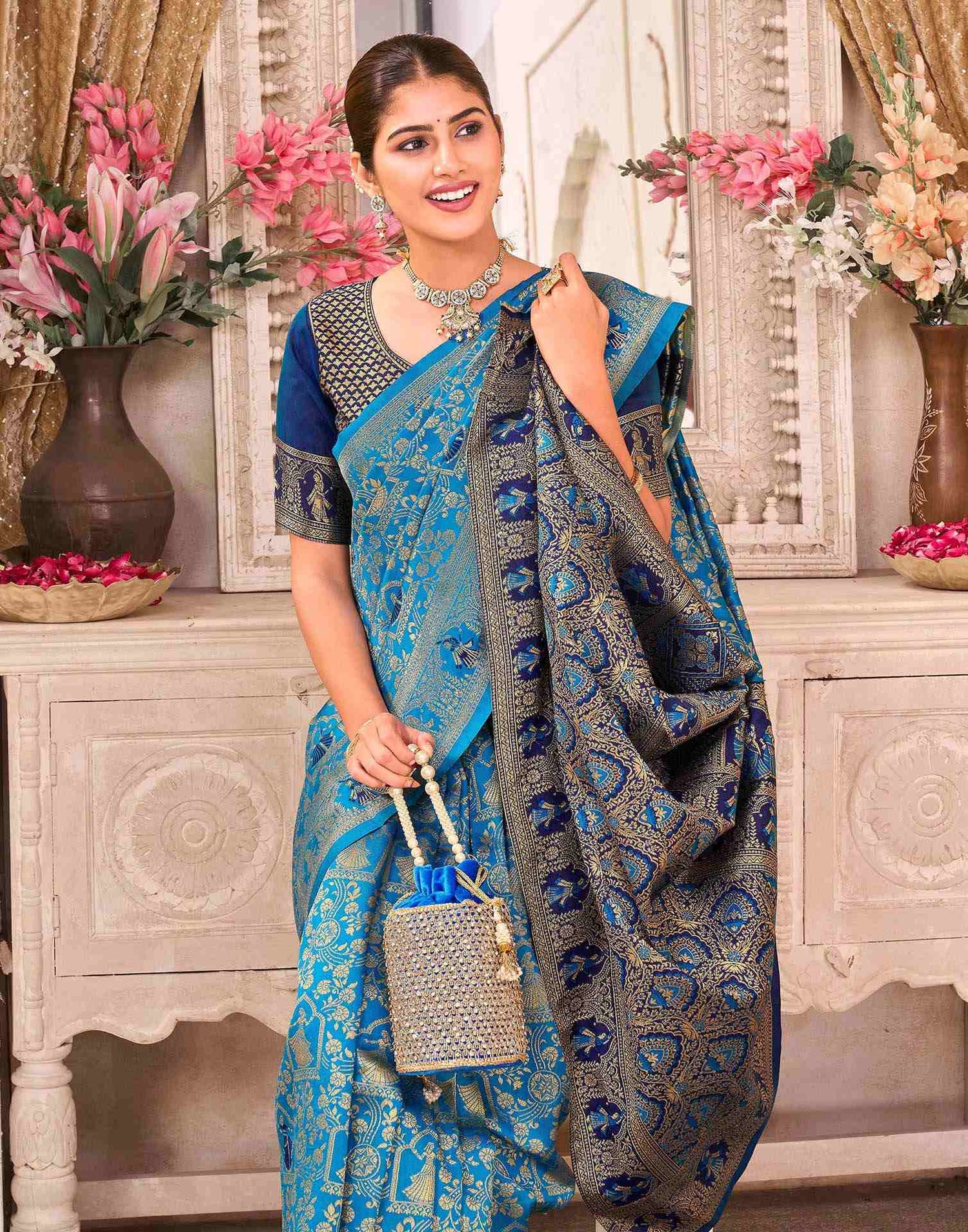 Teal Blue Silk Woven Baluchari Saree
