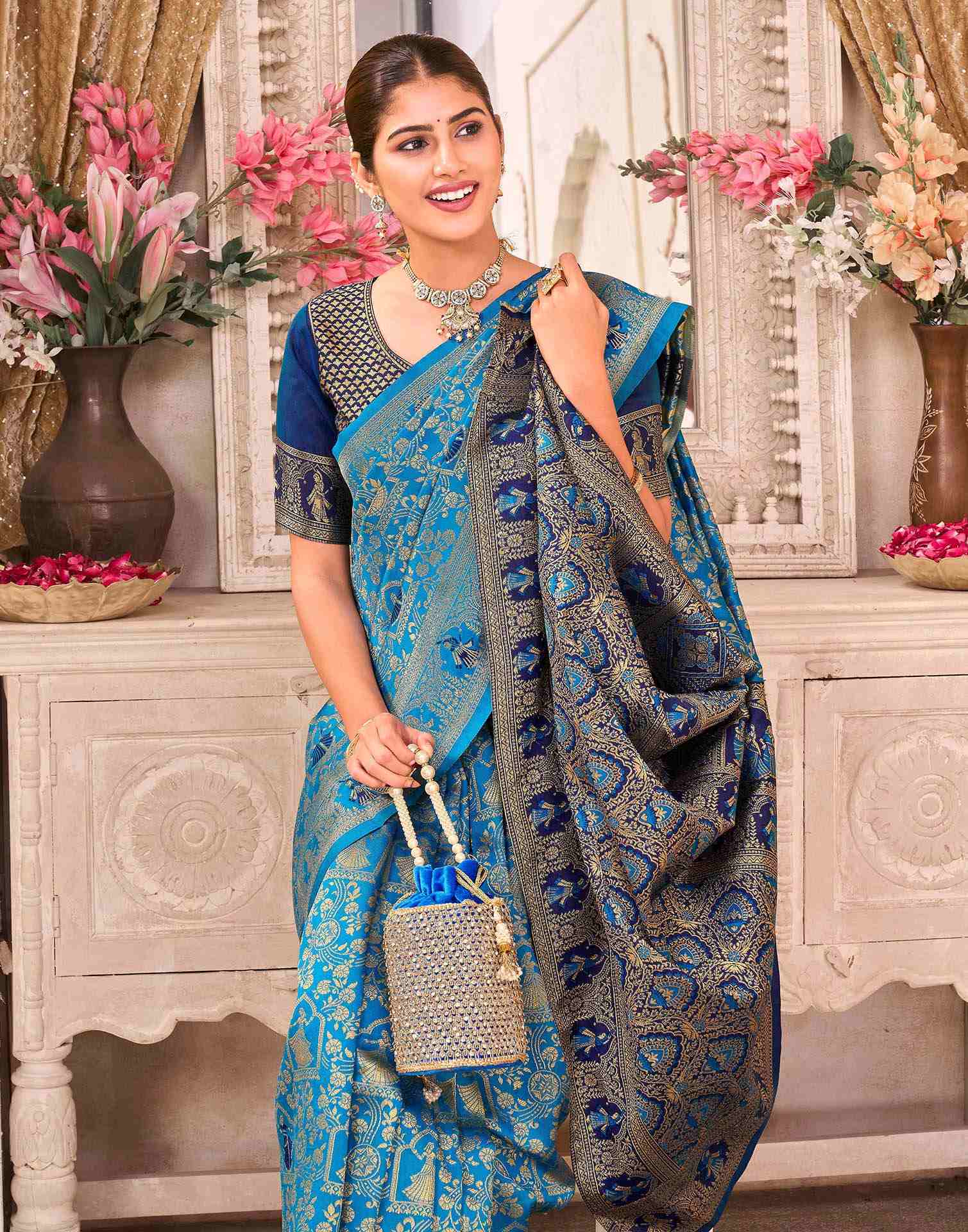 Teal Blue Silk Woven Baluchari Saree