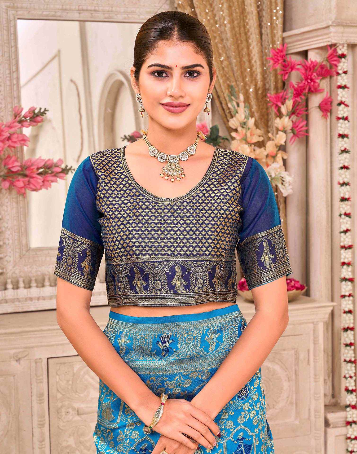 Teal Blue Silk Woven Baluchari Saree