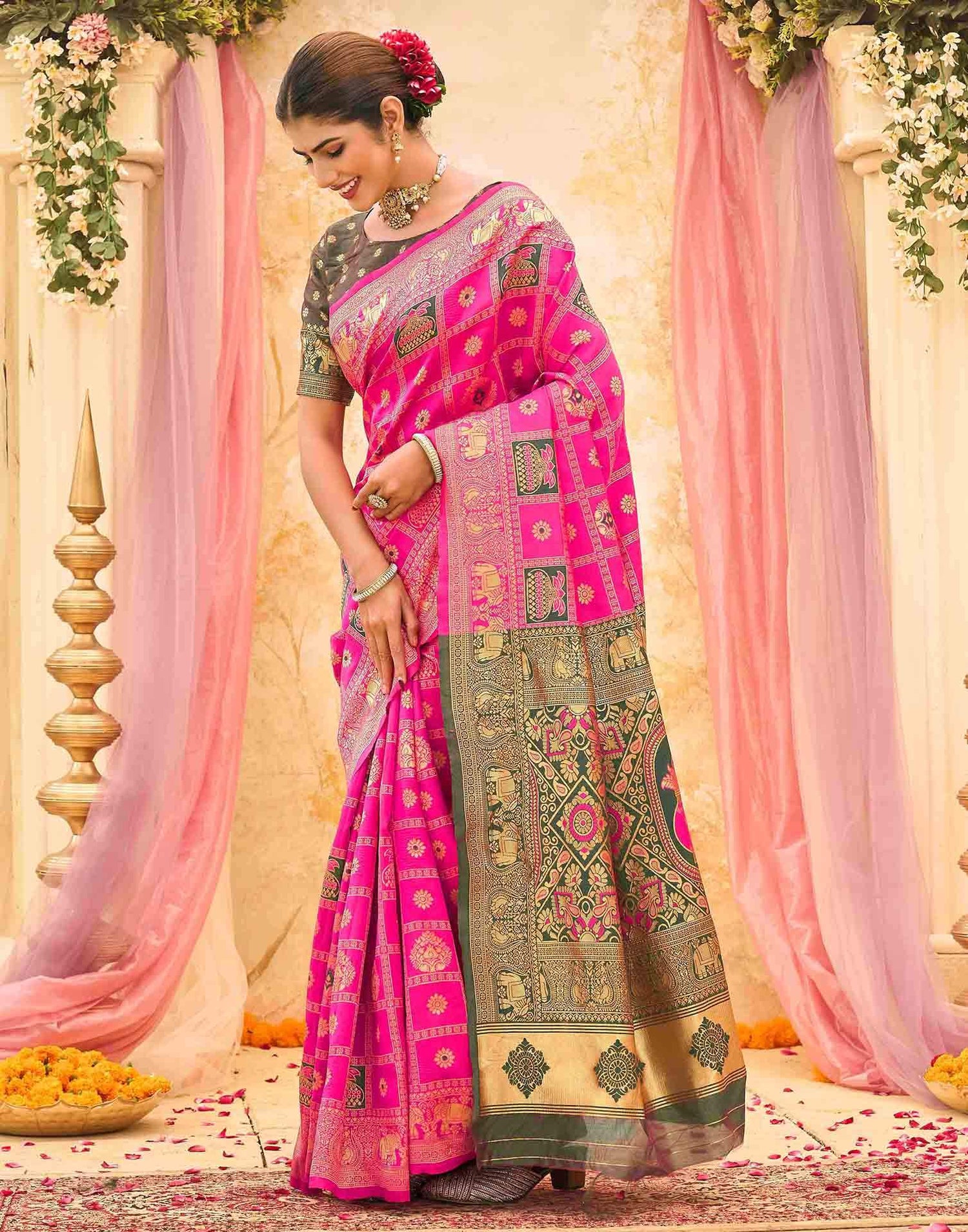 Rani Pink Silk Woven Patola Saree