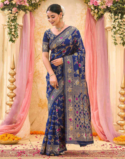 Navy Blue Silk Woven Banarasi Saree
