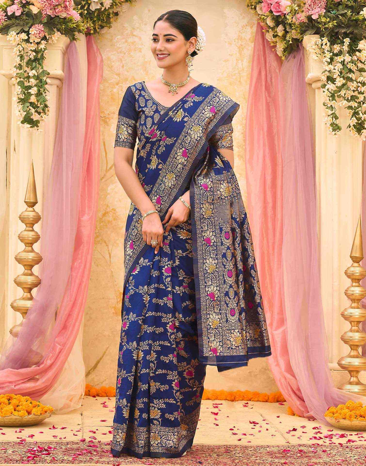 Navy Blue Silk Woven Banarasi Saree