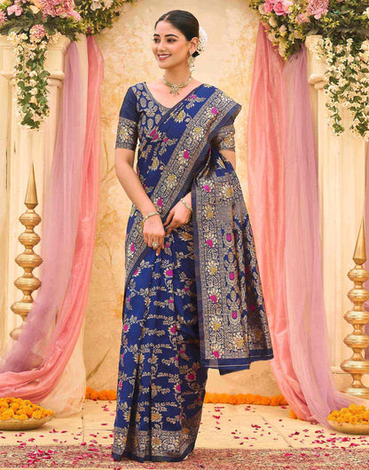 Navy Blue Silk Woven Banarasi Saree