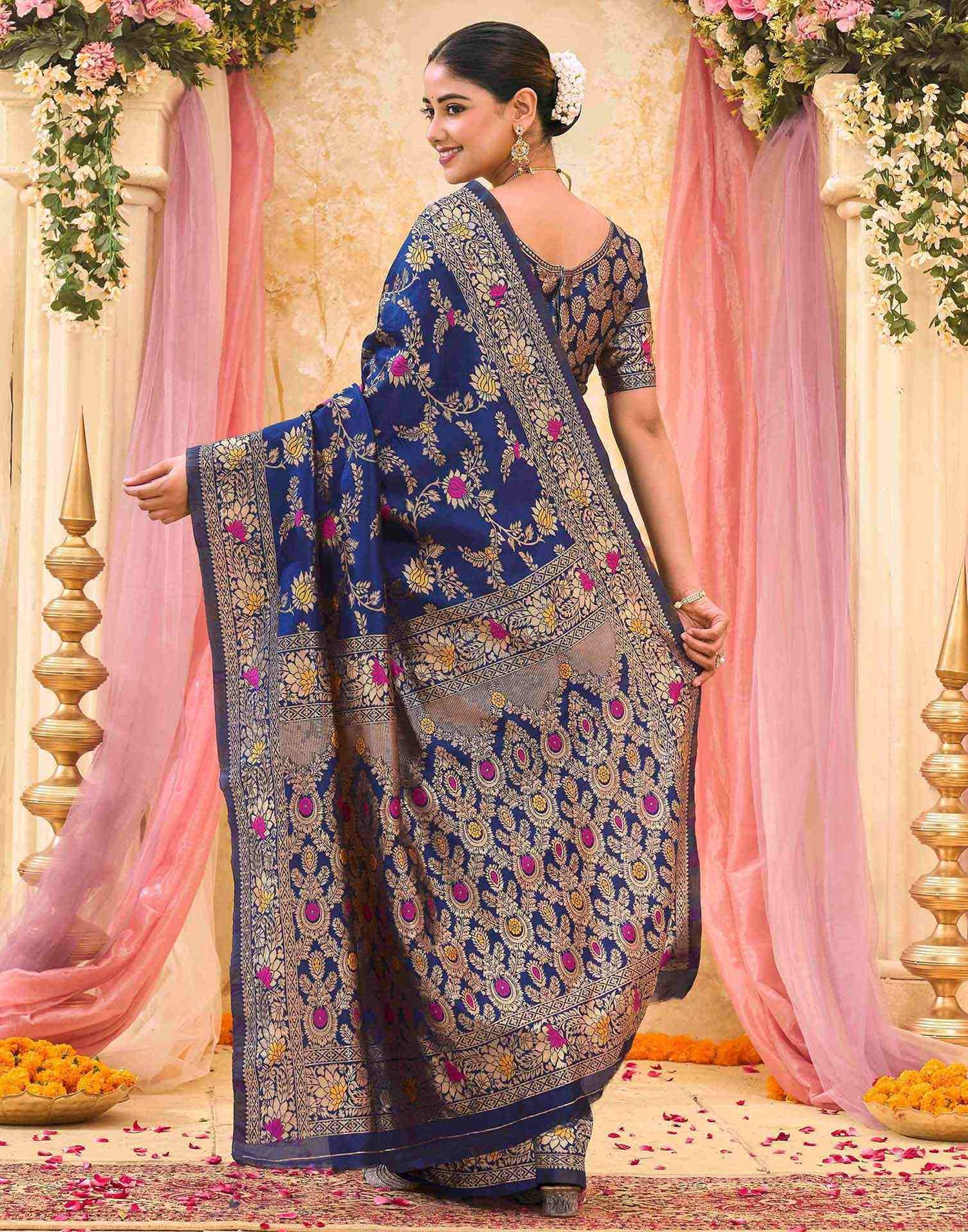 Navy Blue Silk Woven Banarasi Saree