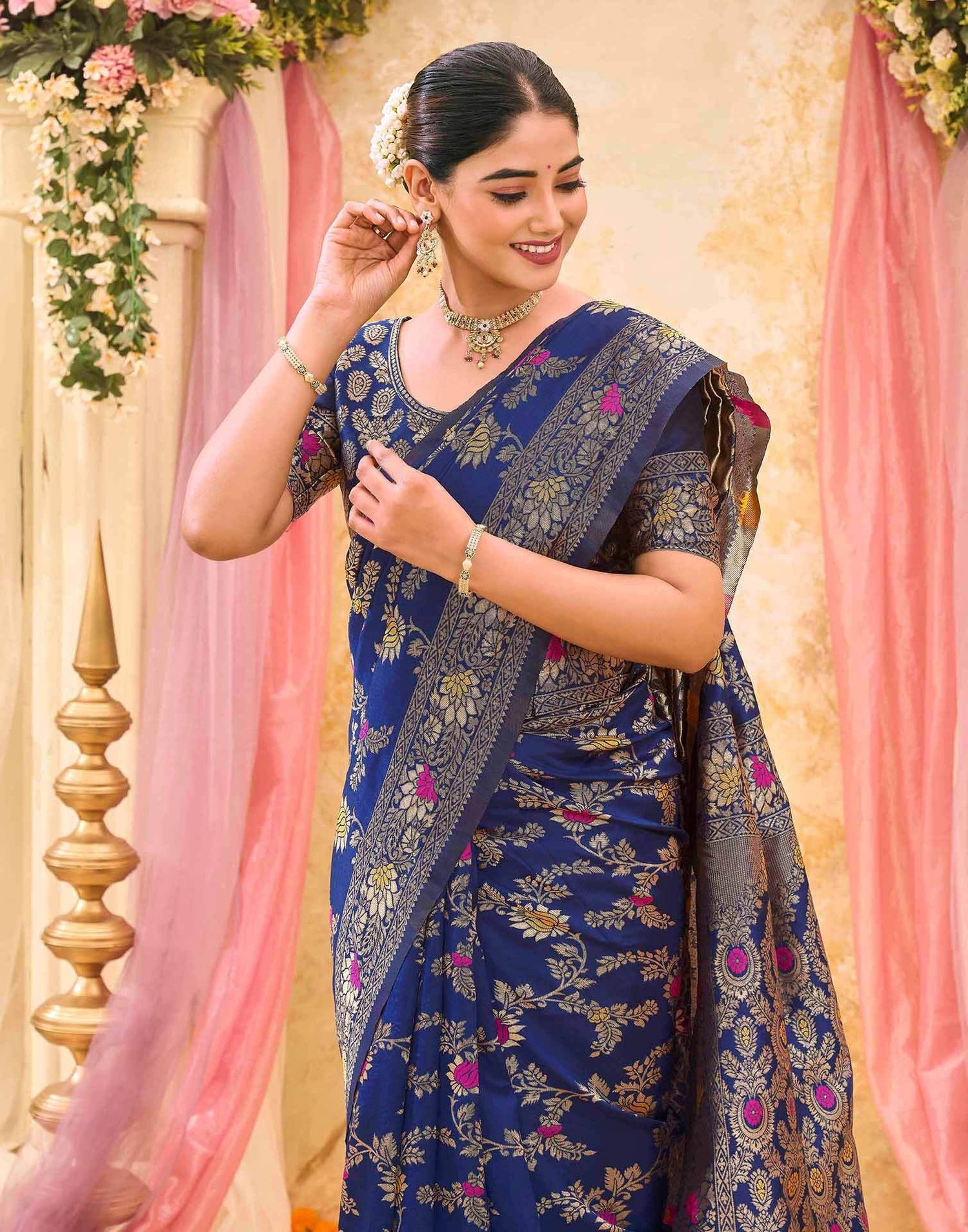 Navy Blue Silk Woven Banarasi Saree