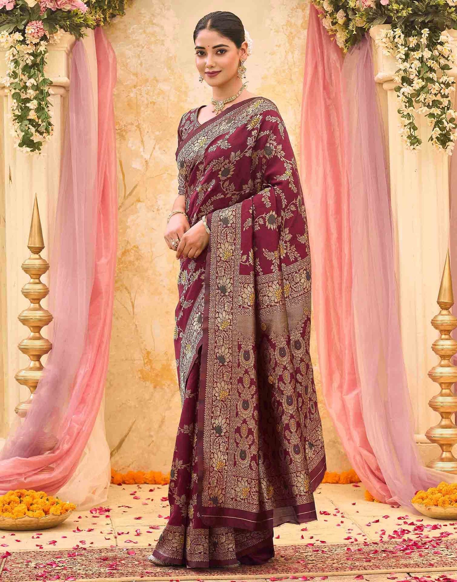 Maroon Silk Woven Banarasi Saree