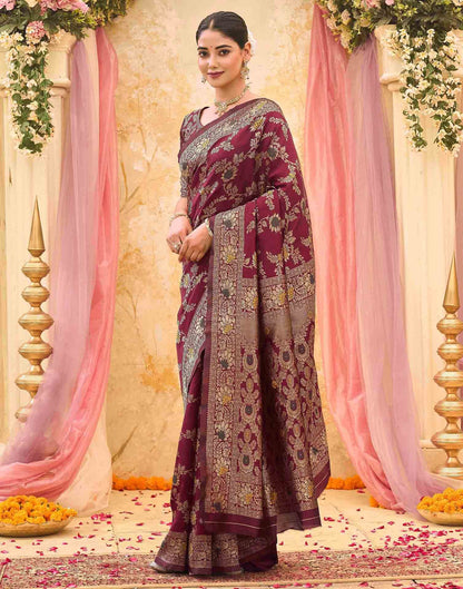 Maroon Silk Woven Banarasi Saree