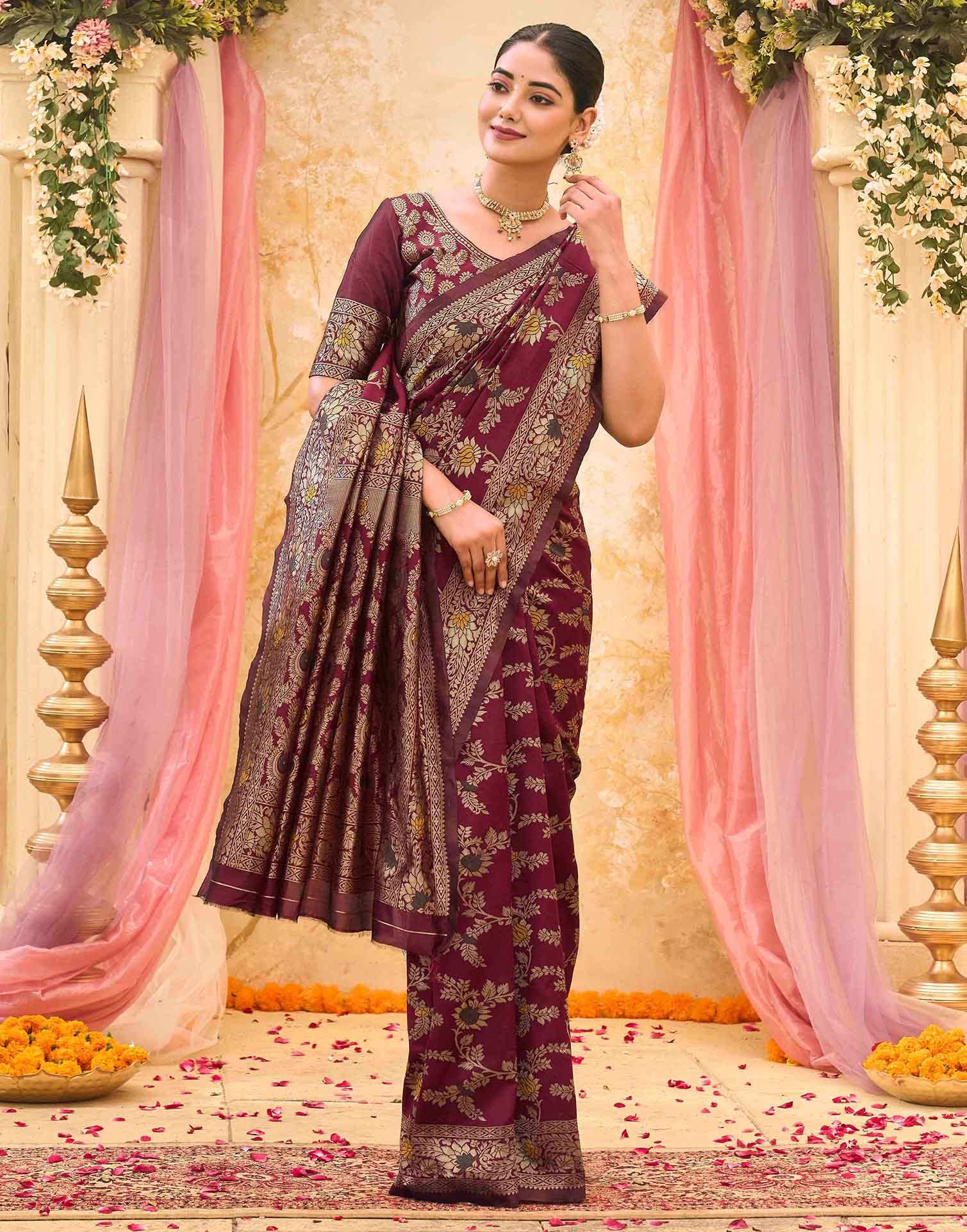 Maroon Silk Woven Banarasi Saree