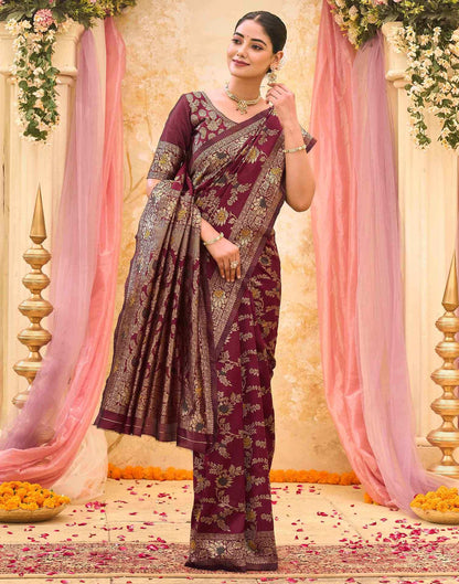 Maroon Silk Woven Banarasi Saree