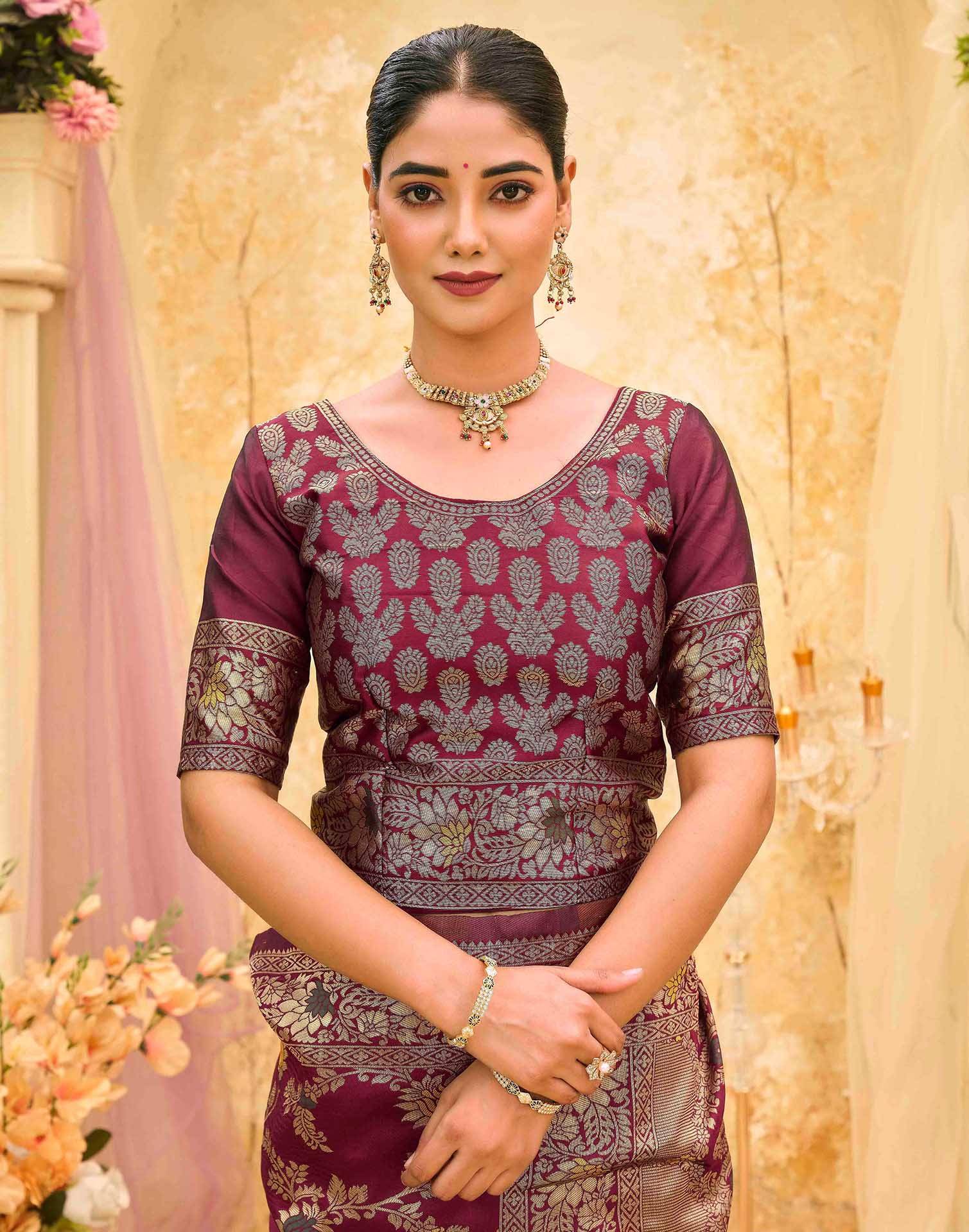 Maroon Silk Woven Banarasi Saree