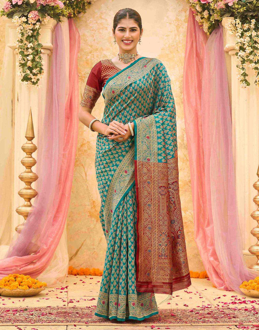 Teal Blue Silk Woven Banarasi Saree