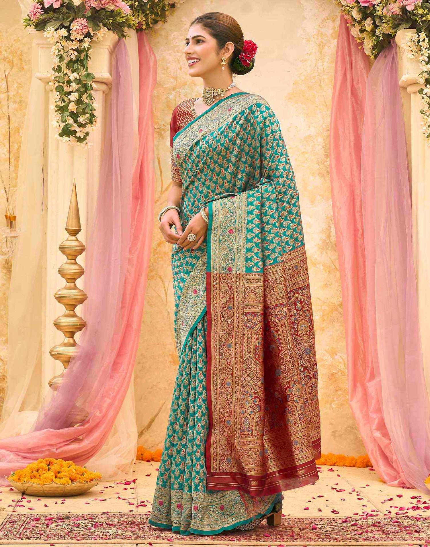 Teal Blue Silk Woven Banarasi Saree
