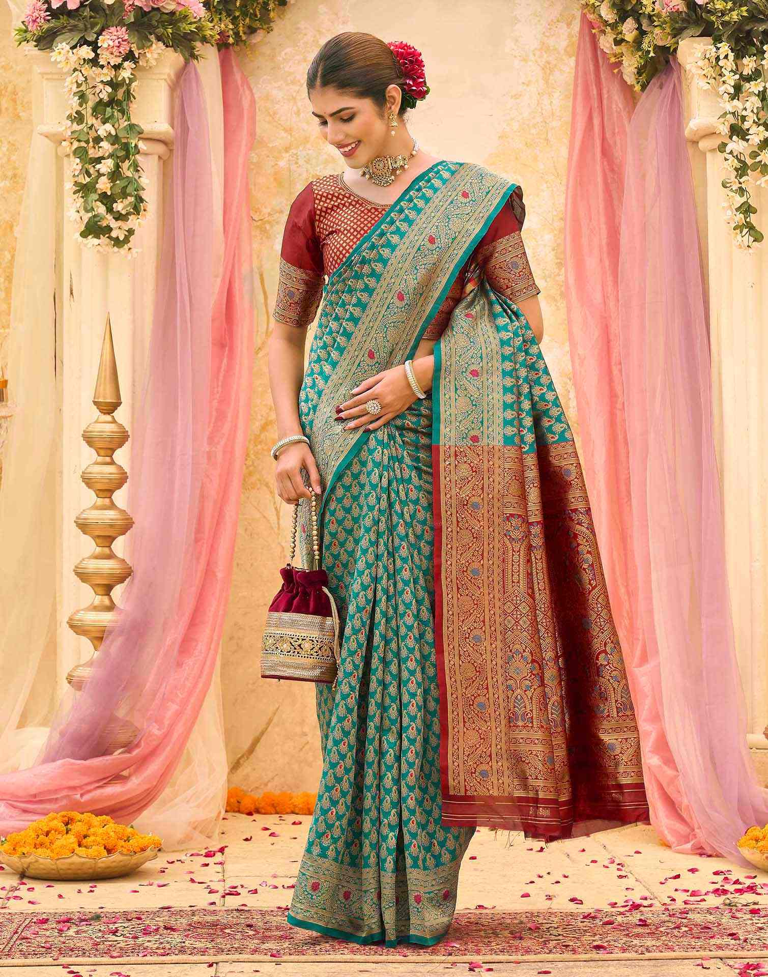 Teal Blue Silk Woven Banarasi Saree