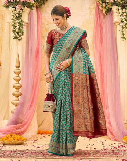 Teal Blue Silk Woven Banarasi Saree