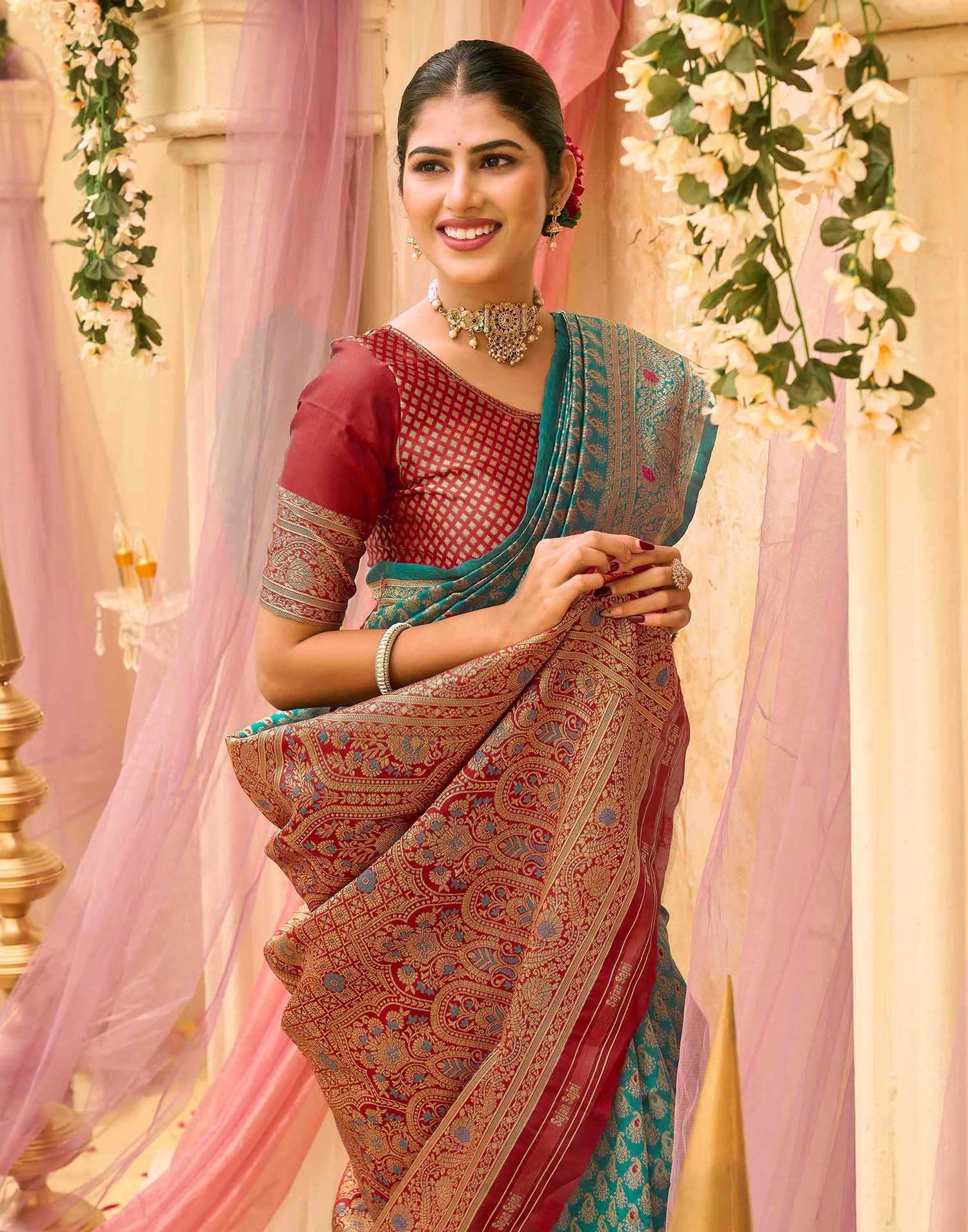 Teal Blue Silk Woven Banarasi Saree