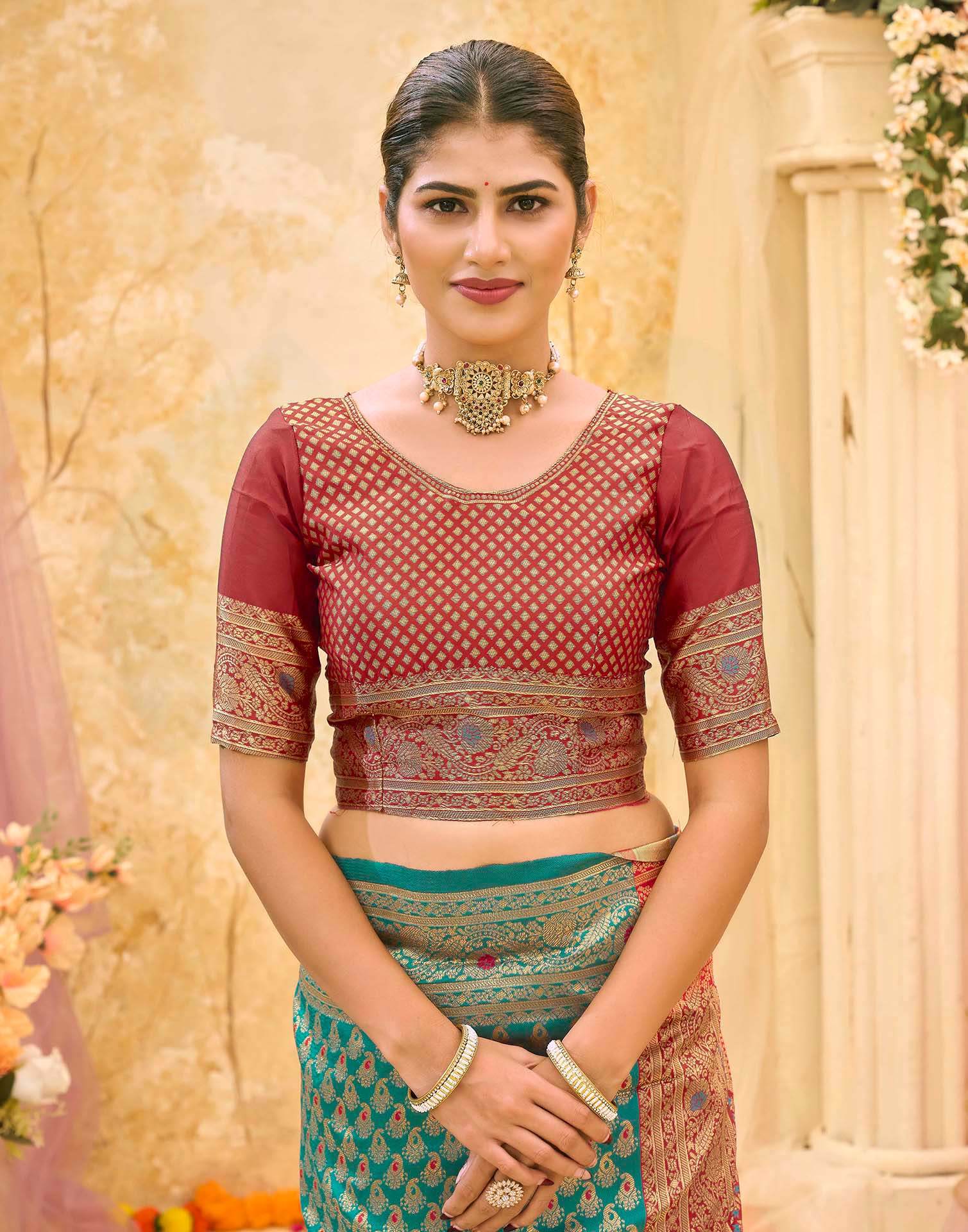 Teal Blue Silk Woven Banarasi Saree