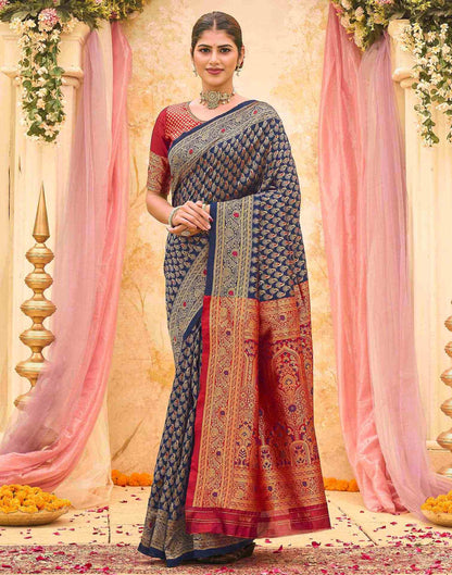 Navy Blue Silk Woven Banarasi Saree
