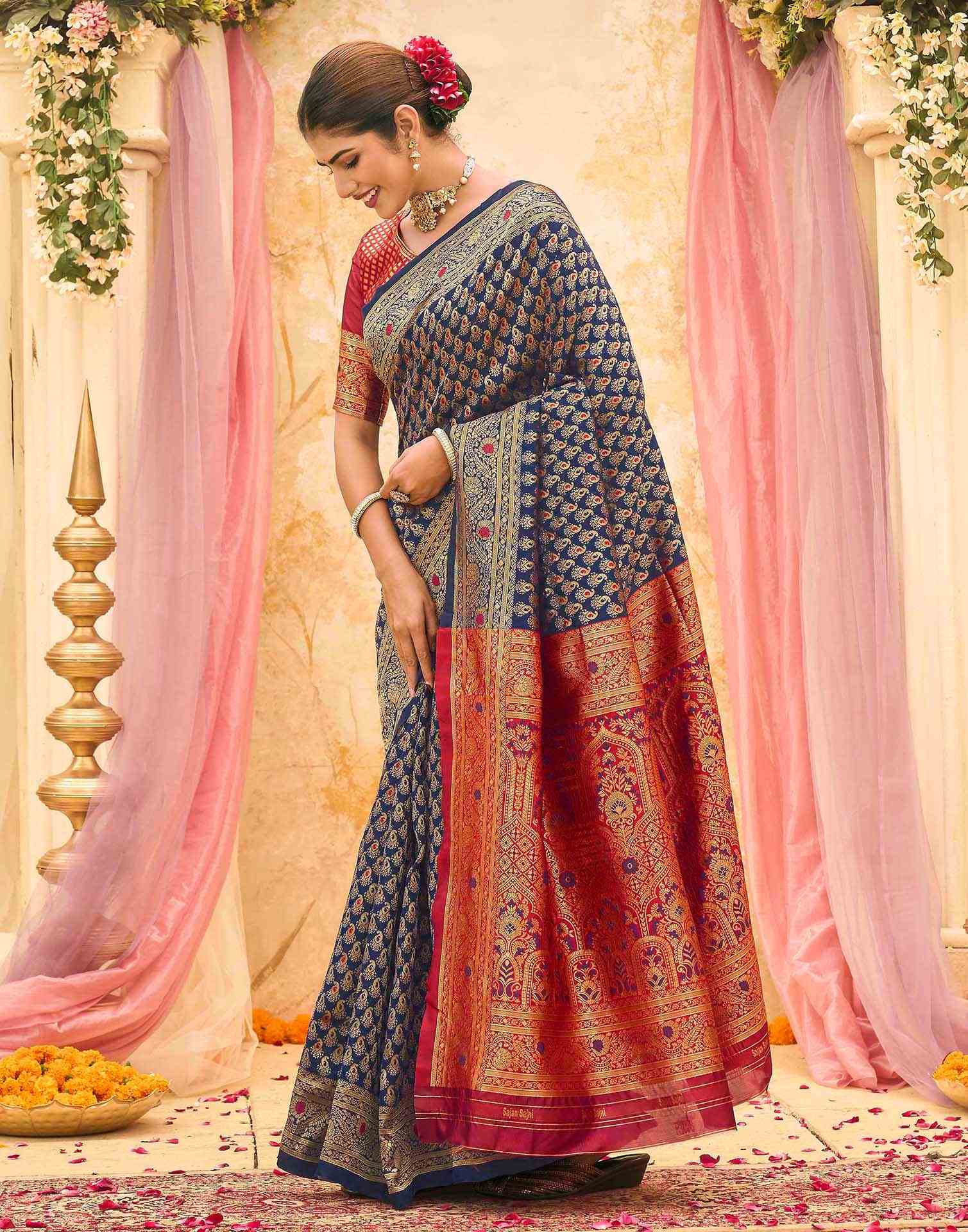 Navy Blue Silk Woven Banarasi Saree