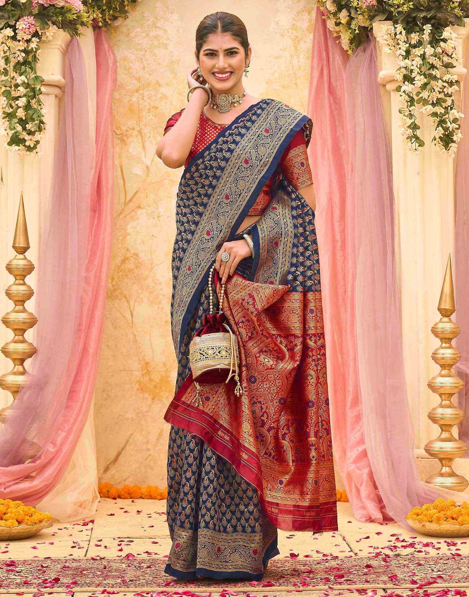 Navy Blue Silk Woven Banarasi Saree