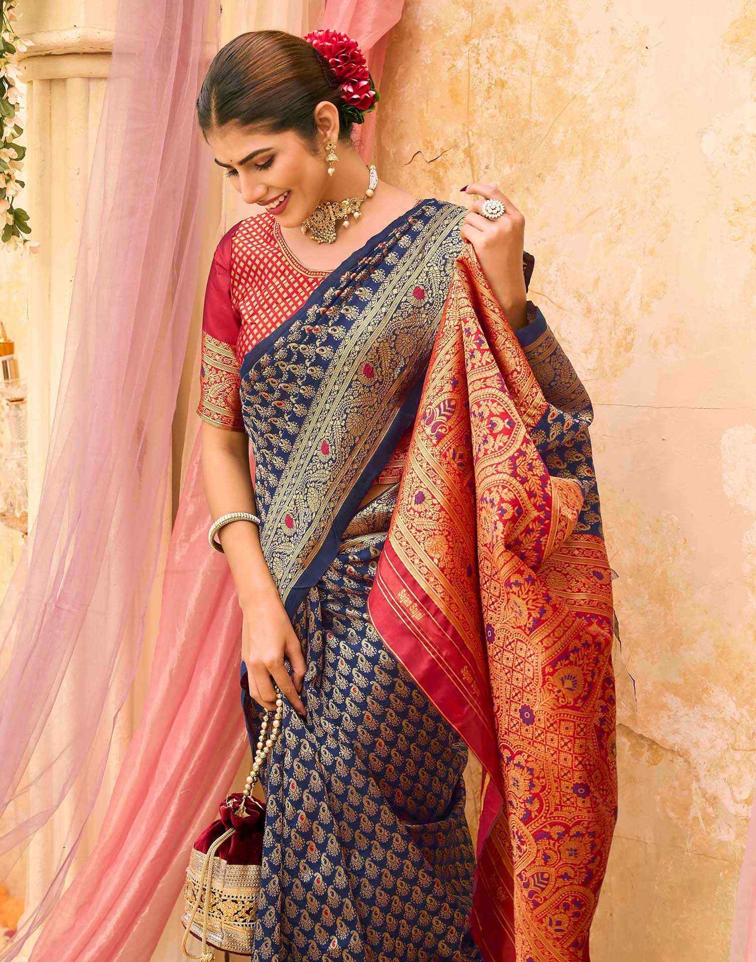 Navy Blue Silk Woven Banarasi Saree