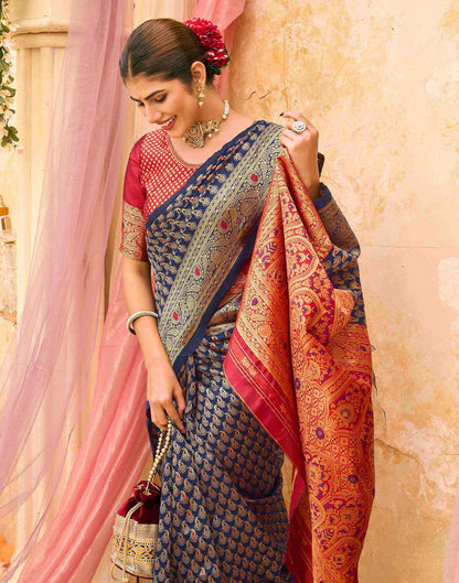 Navy Blue Silk Woven Banarasi Saree