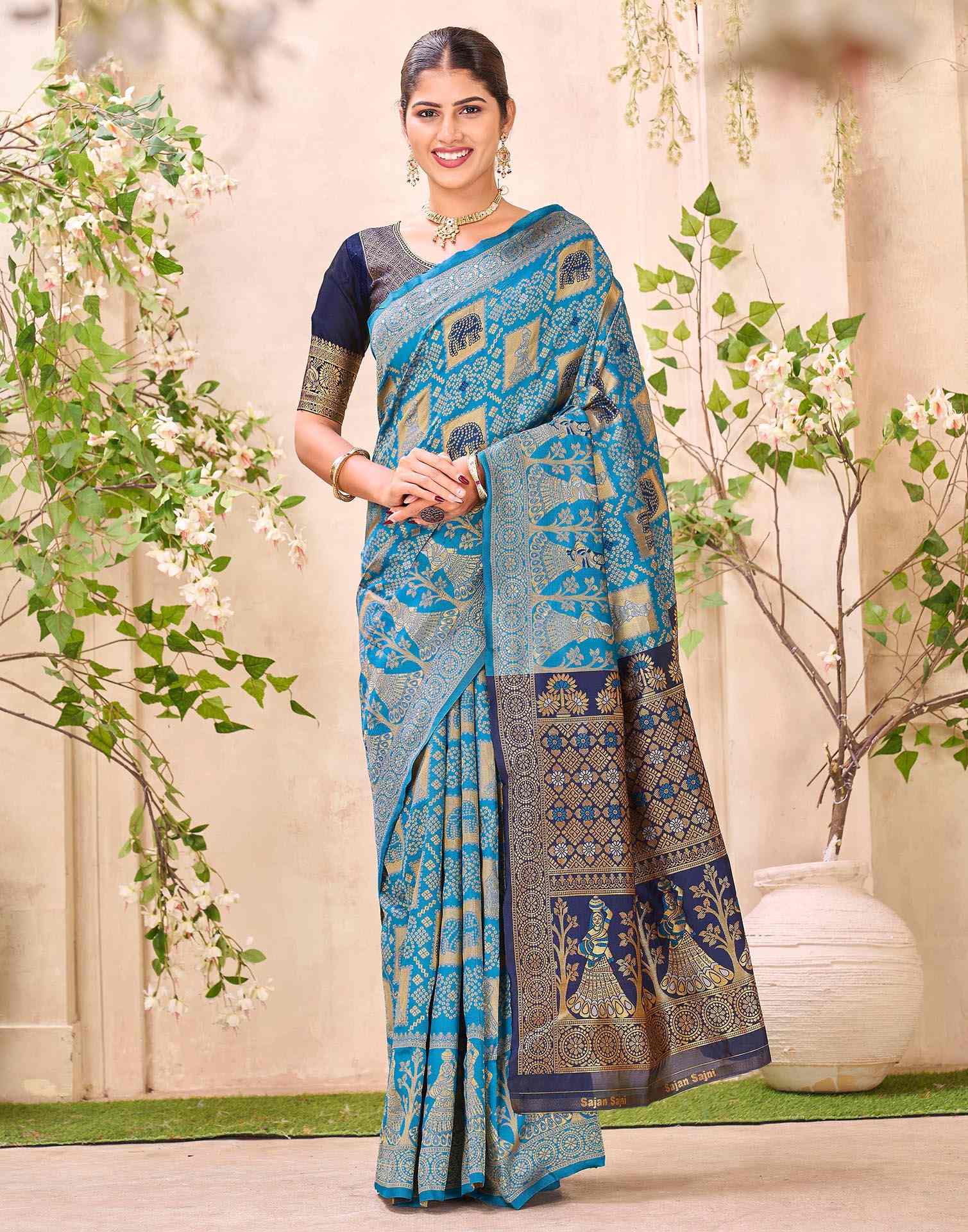 Teal Blue Silk Woven Patola Saree