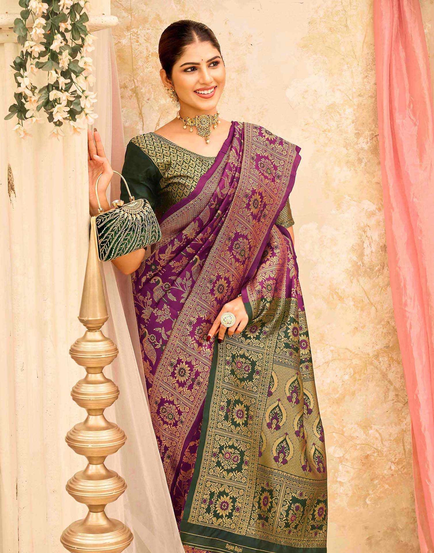 Dark Magenta Silk Woven Banarasi Saree