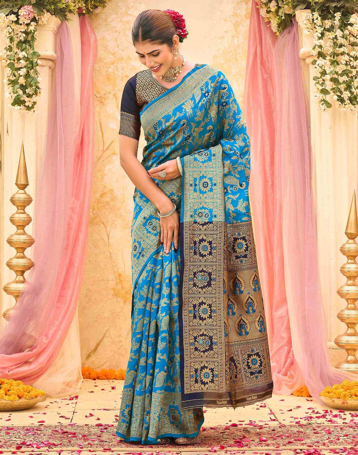 Teal Blue Silk Woven Banarasi Saree