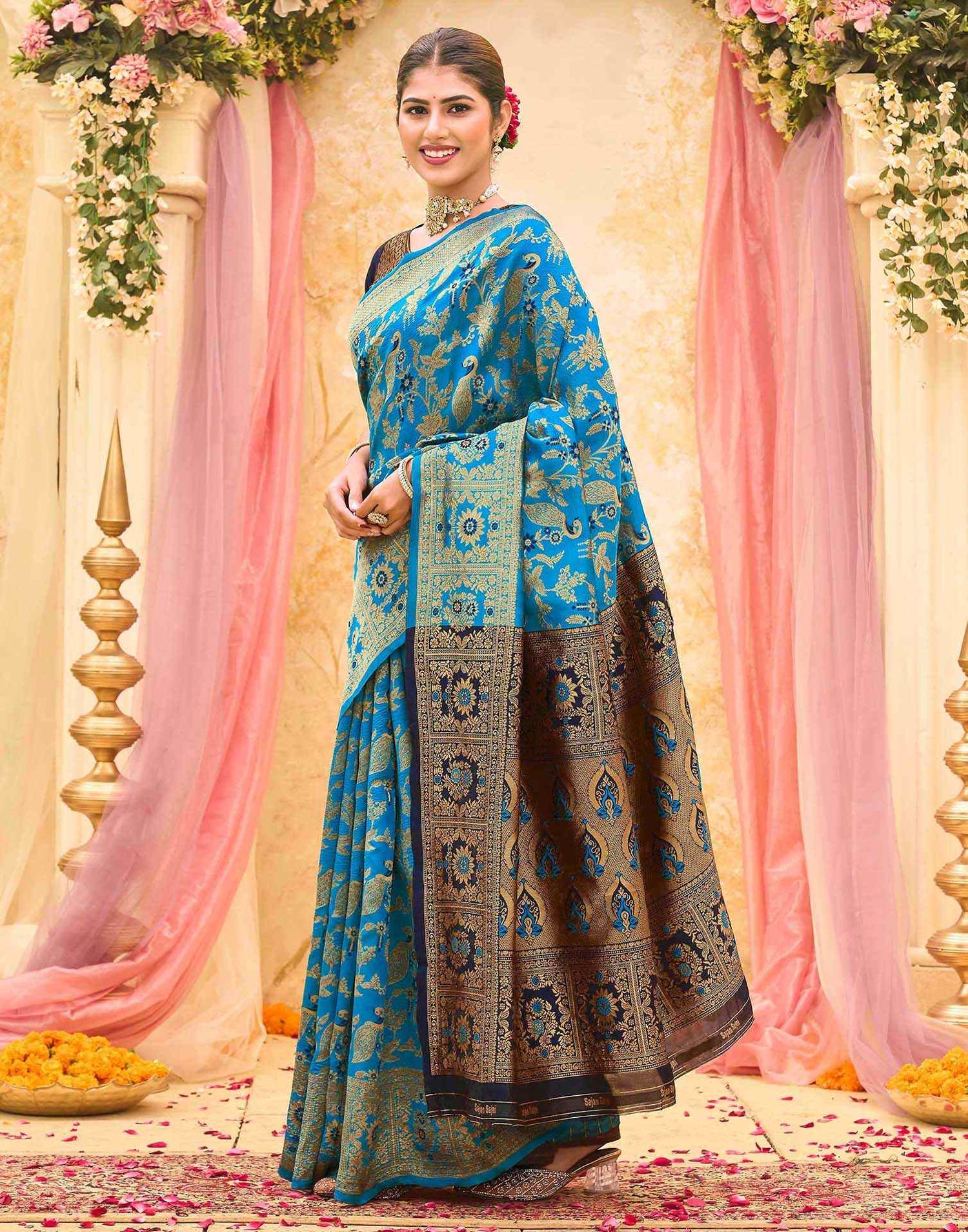 Teal Blue Silk Woven Banarasi Saree