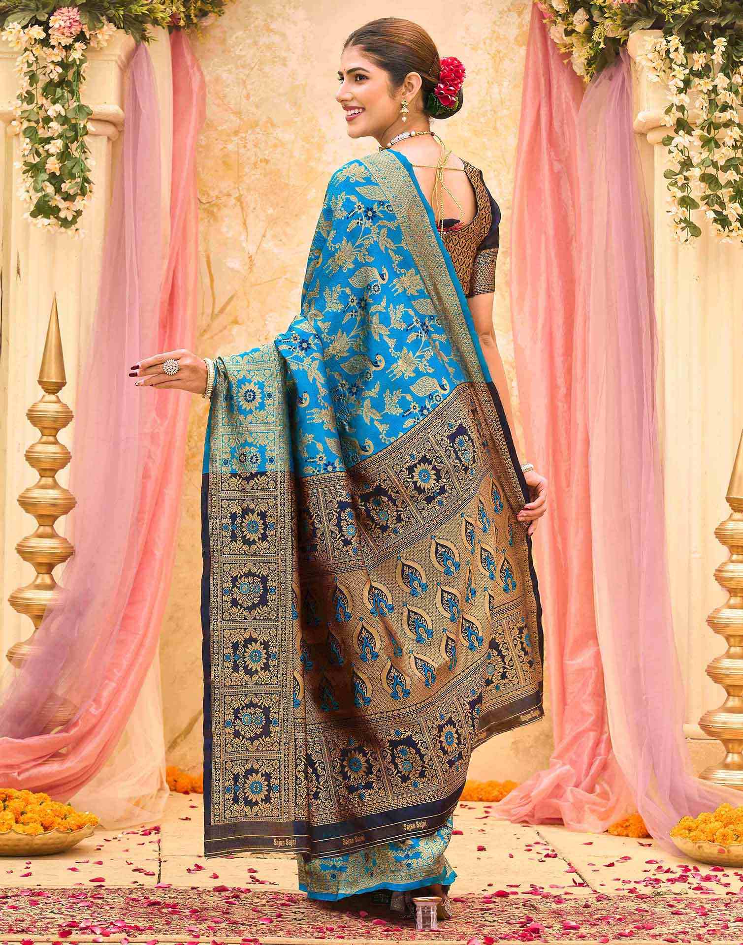 Teal Blue Silk Woven Banarasi Saree