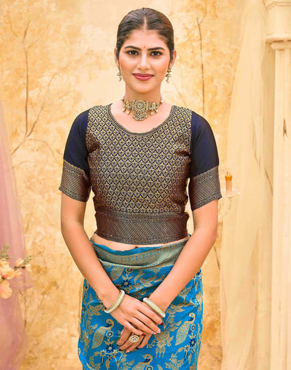 Teal Blue Silk Woven Banarasi Saree