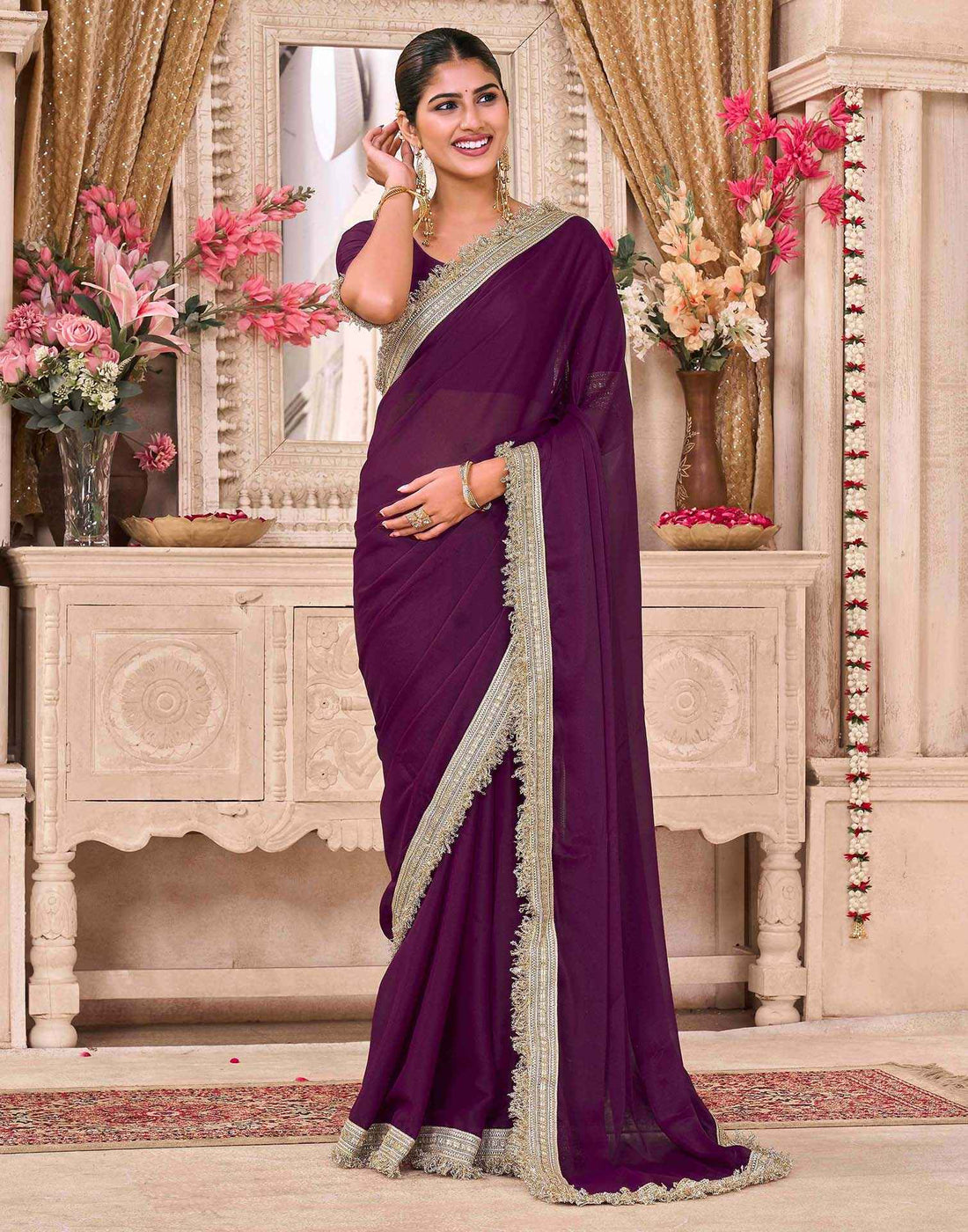 Purple Georgette Gota Lace Saree