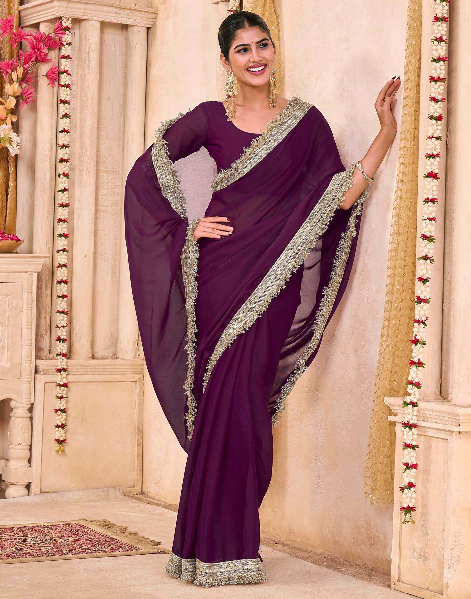 Purple Georgette Gota Lace Saree