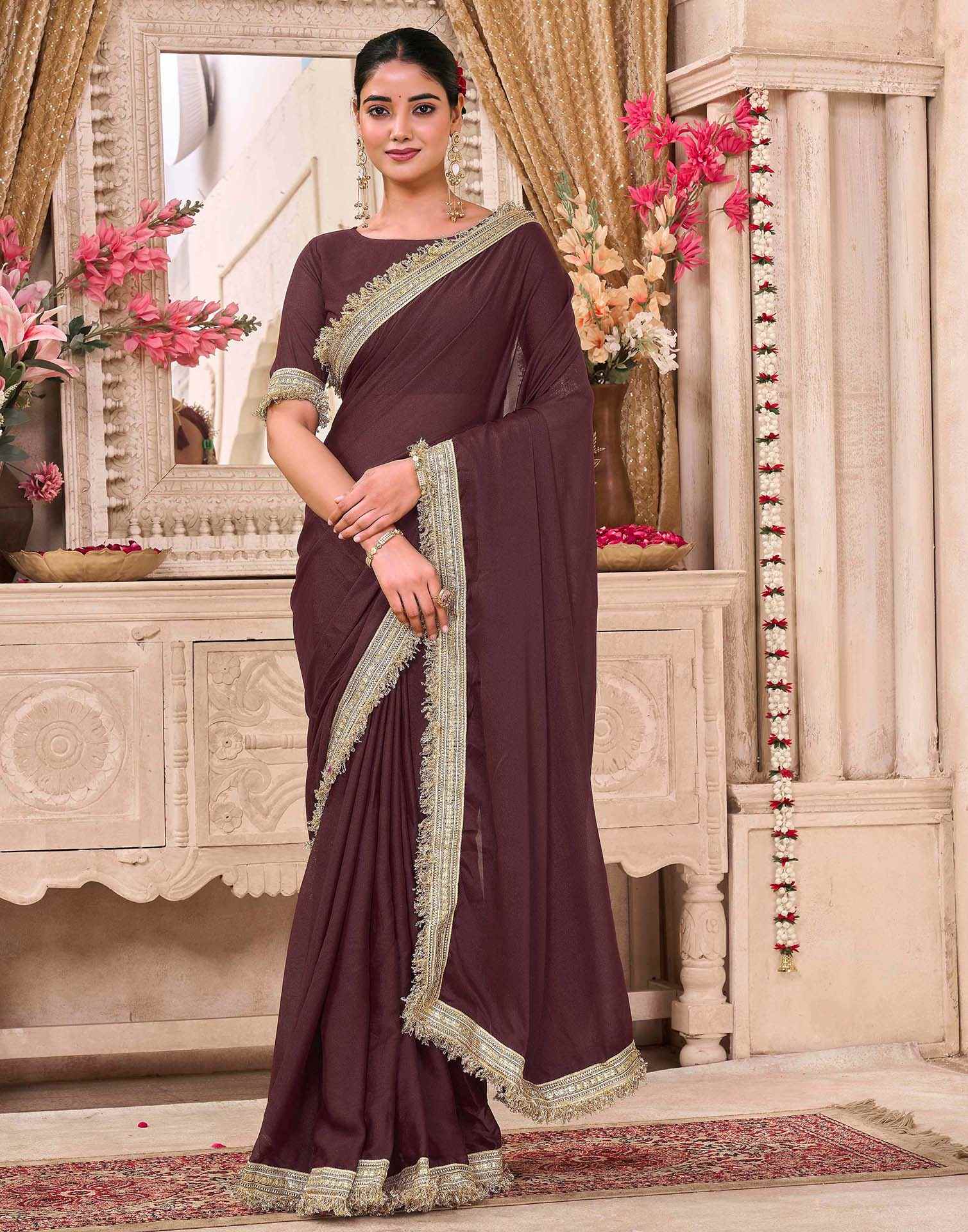Maroon Georgette Gota Lace Saree