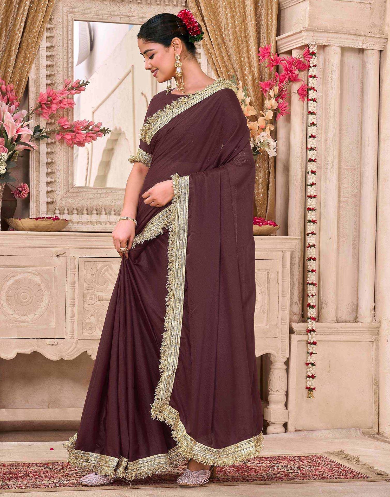 Maroon Georgette Gota Lace Saree