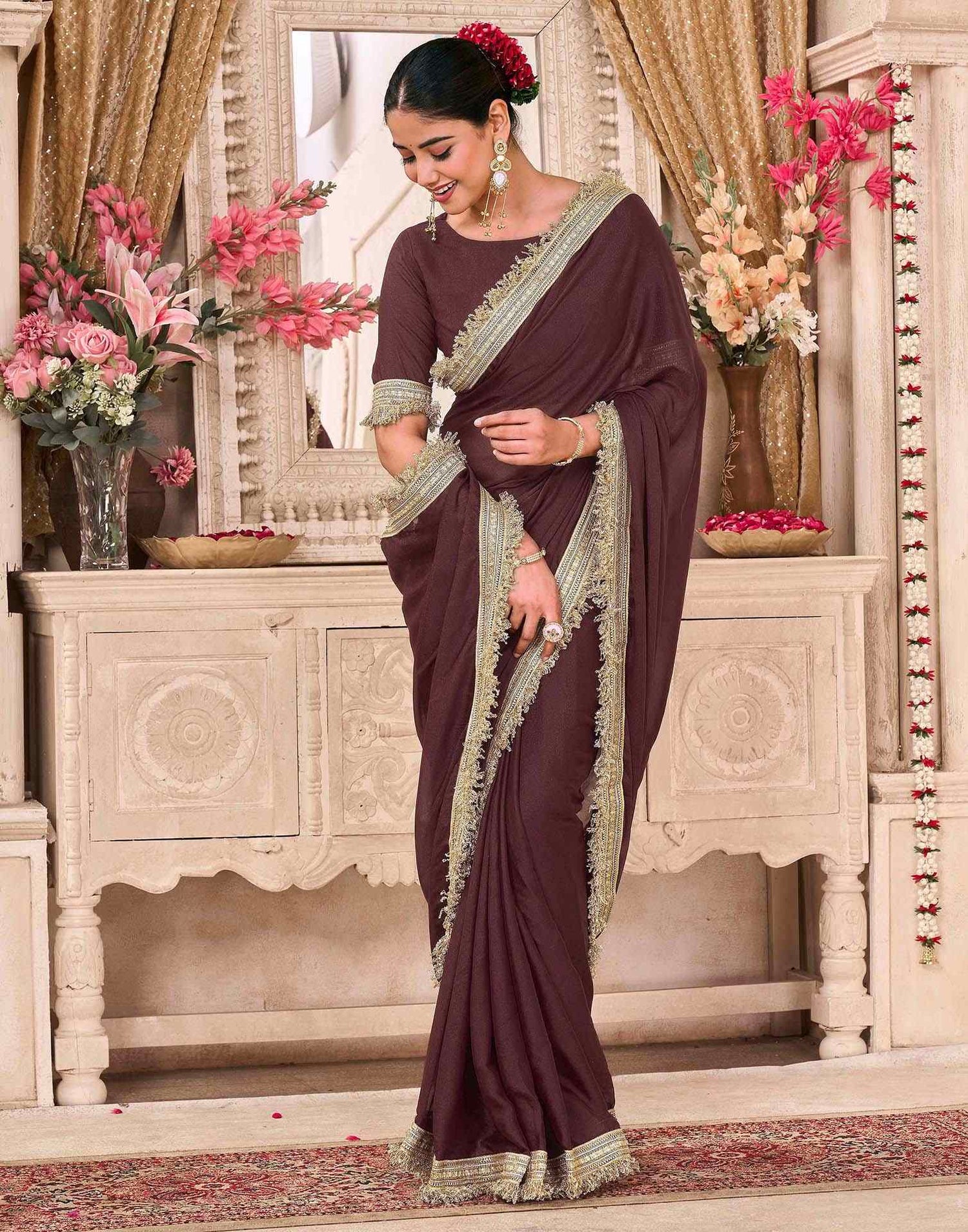Maroon Georgette Gota Lace Saree
