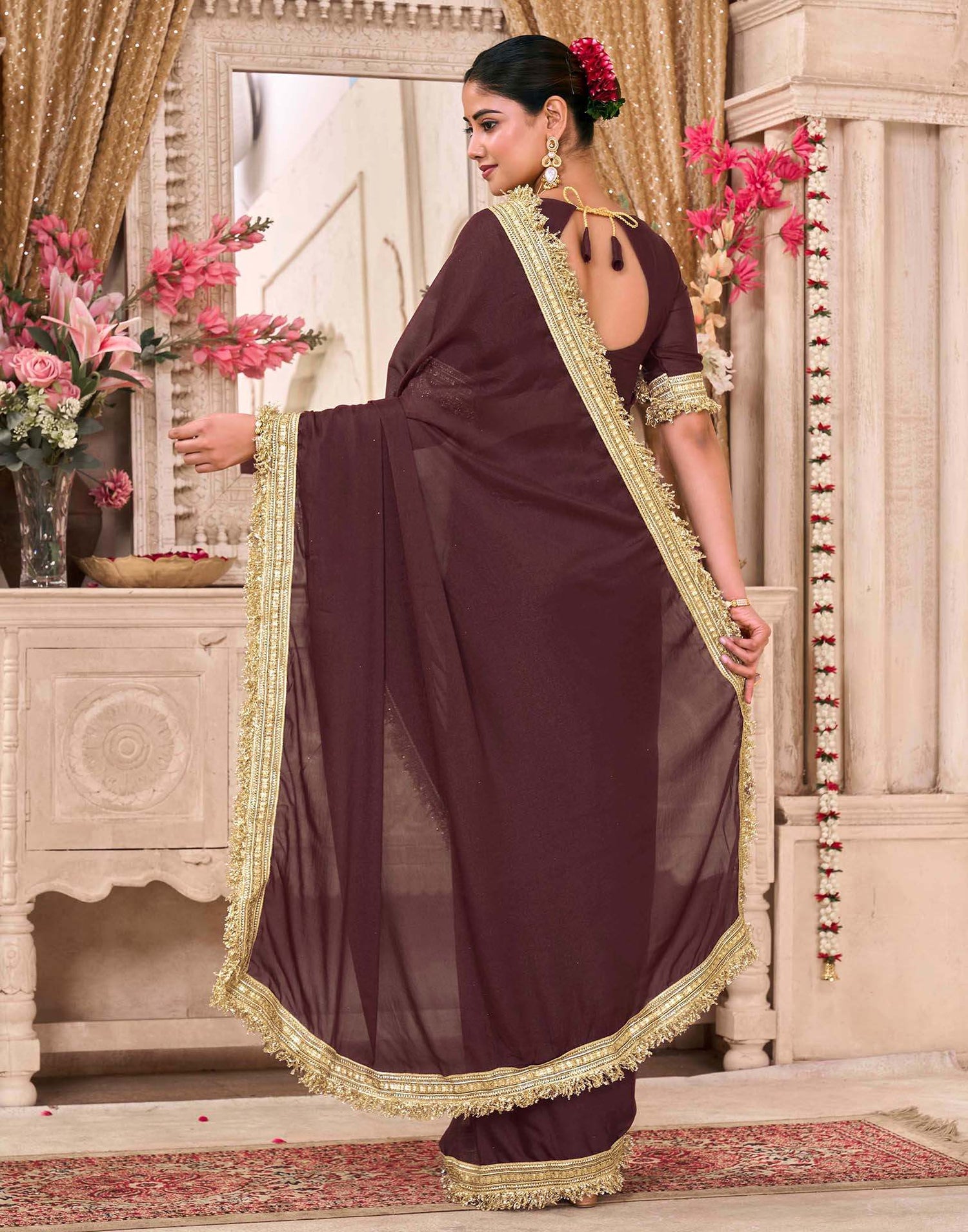 Maroon Georgette Gota Lace Saree